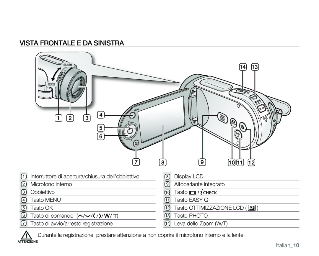 Samsung VP-MX25E/EDC manual Vista Frontale E DA Sinistra, Italian10 