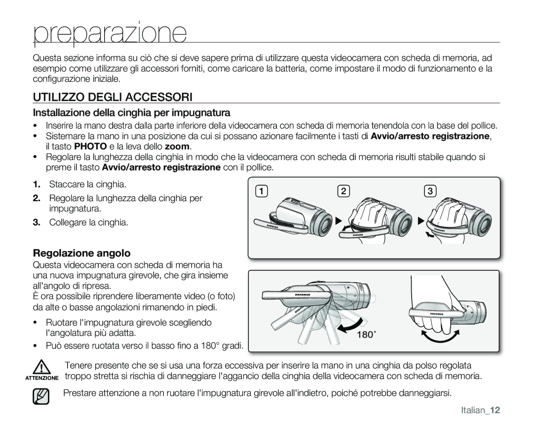 Samsung VP-MX25E/EDC manual Preparazione, Utilizzo Degli Accessori, Installazione della cinghia per impugnatura, Italian12 