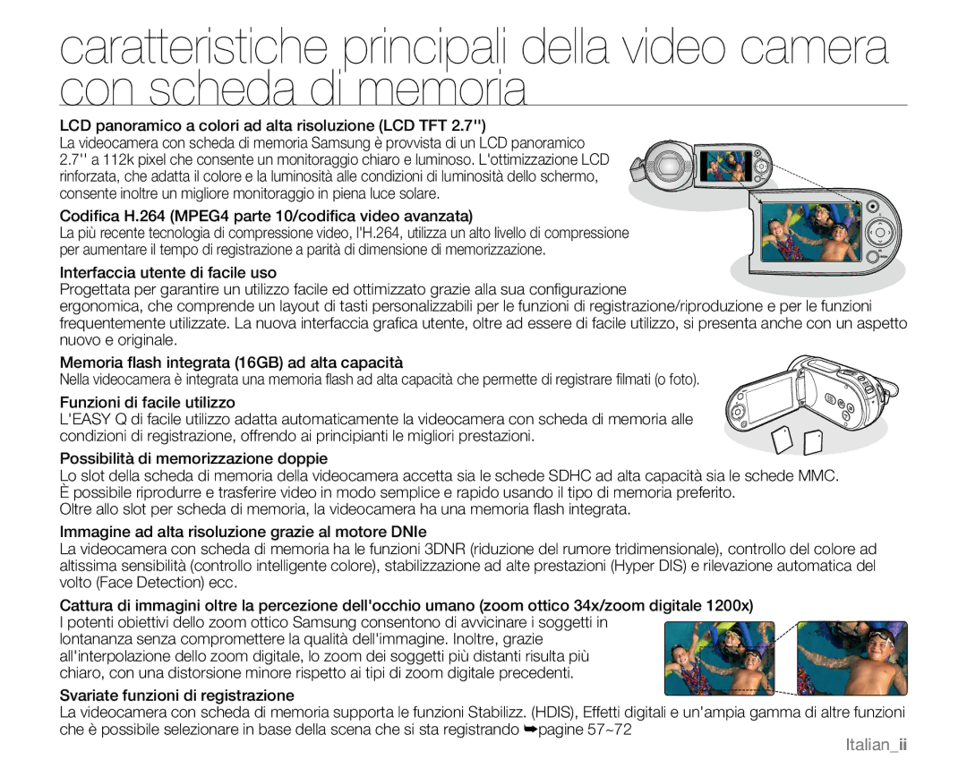 Samsung VP-MX25E/EDC manual Italianii, LCD panoramico a colori ad alta risoluzione LCD TFT 