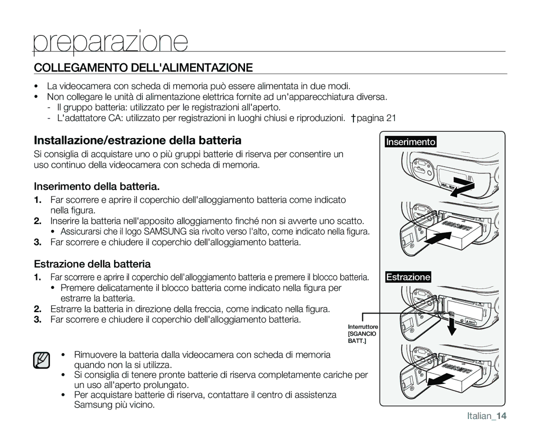 Samsung VP-MX25E/EDC Collegamento Dellalimentazione, Inserimento della batteria, Estrazione della batteria, Italian14 