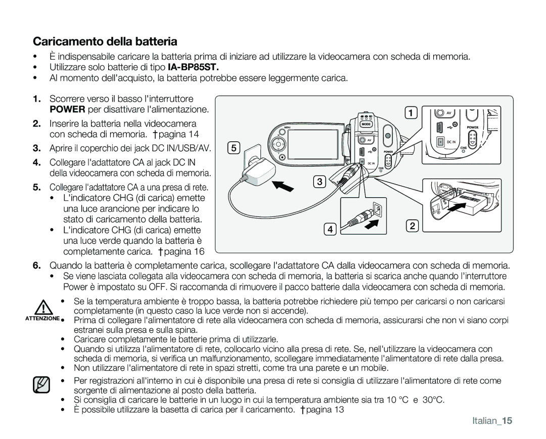 Samsung VP-MX25E/EDC manual Collegare ladattatore CA a una presa di rete, Italian15 