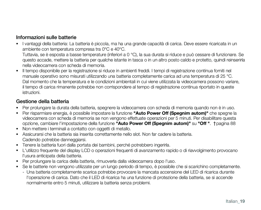 Samsung VP-MX25E/EDC manual Informazioni sulle batterie, Gestione della batteria, Italian19 