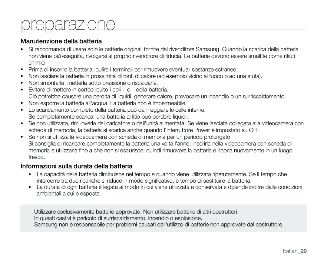 Samsung VP-MX25E/EDC manual Manutenzione della batteria, Informazioni sulla durata della batteria, Italian20 