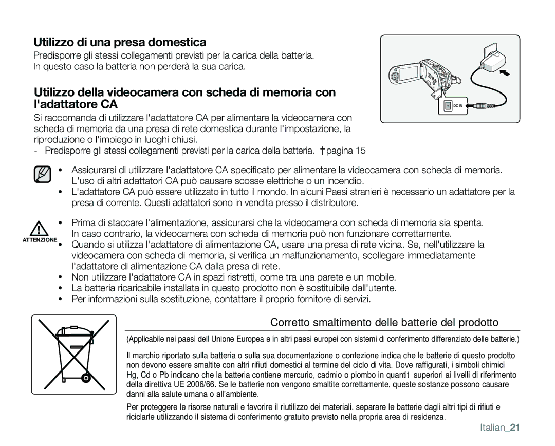 Samsung VP-MX25E/EDC manual Utilizzo di una presa domestica, Italian21 