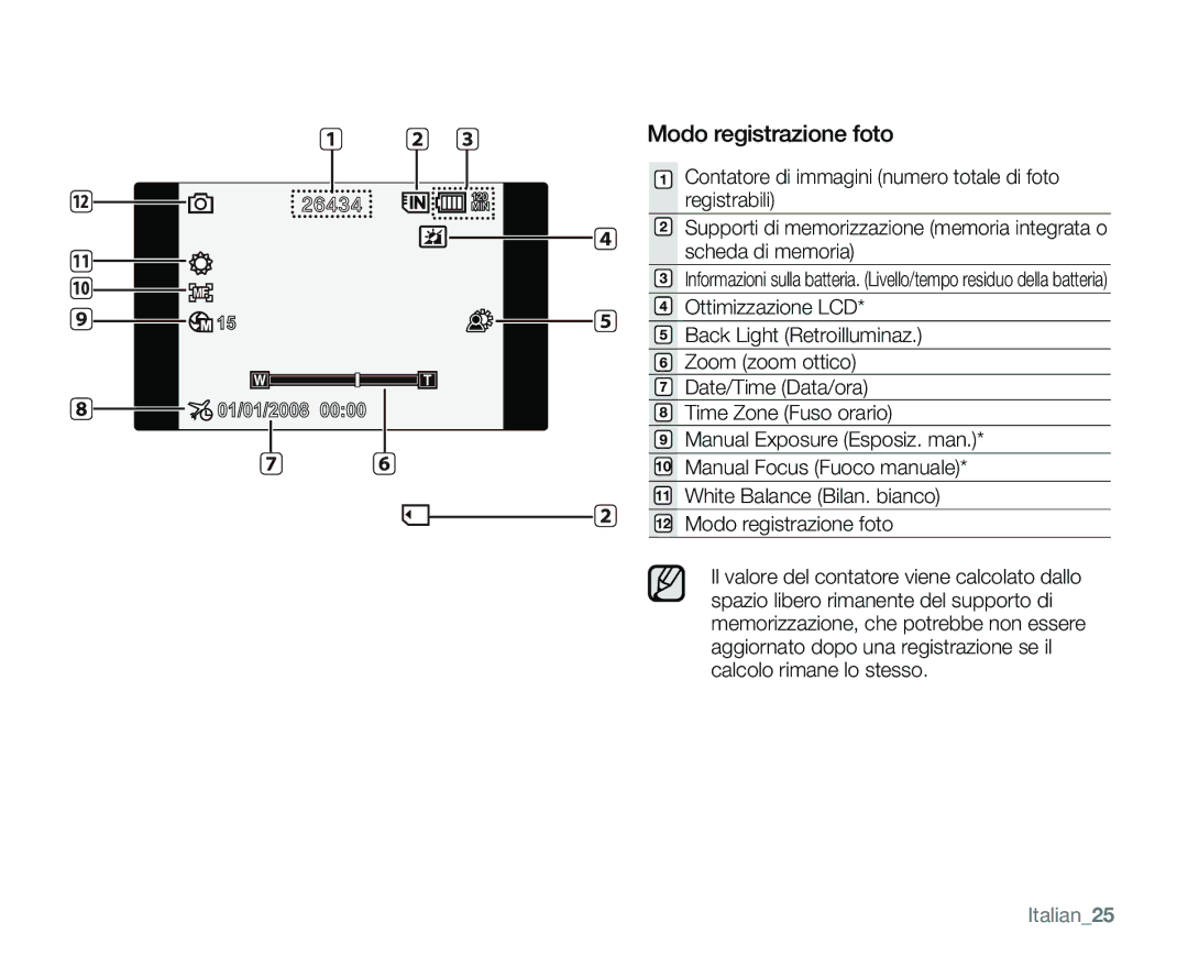 Samsung VP-MX25E/EDC manual Modo registrazione foto, Italian25 