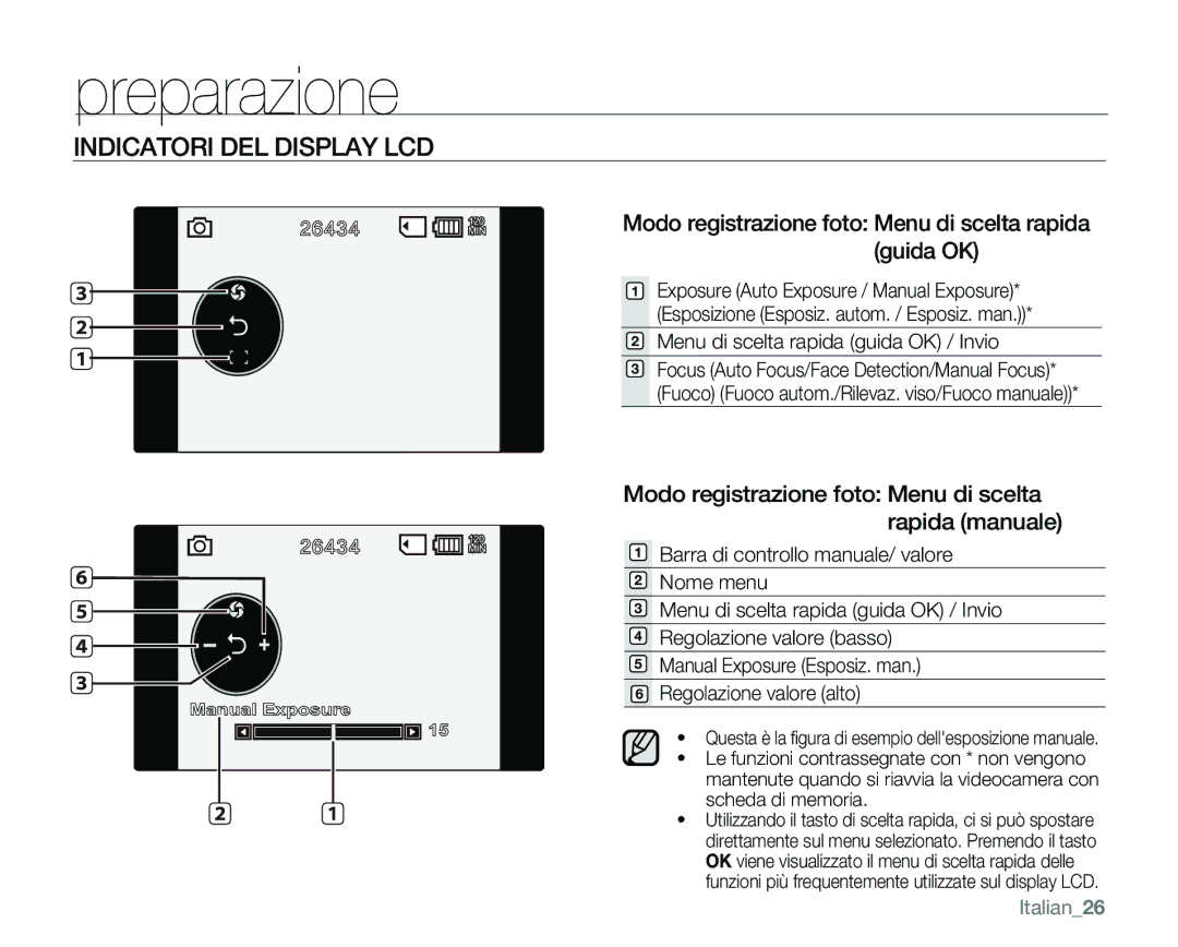 Samsung VP-MX25E/EDC manual Exposure Auto Exposure / Manual Exposure, Menu di scelta rapida guida OK / Invio, Italian26 