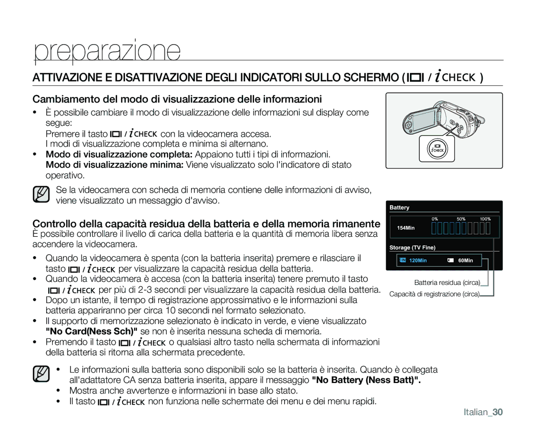 Samsung VP-MX25E/EDC manual Attivazione E Disattivazione Degli Indicatori Sullo Schermo, Italian30 