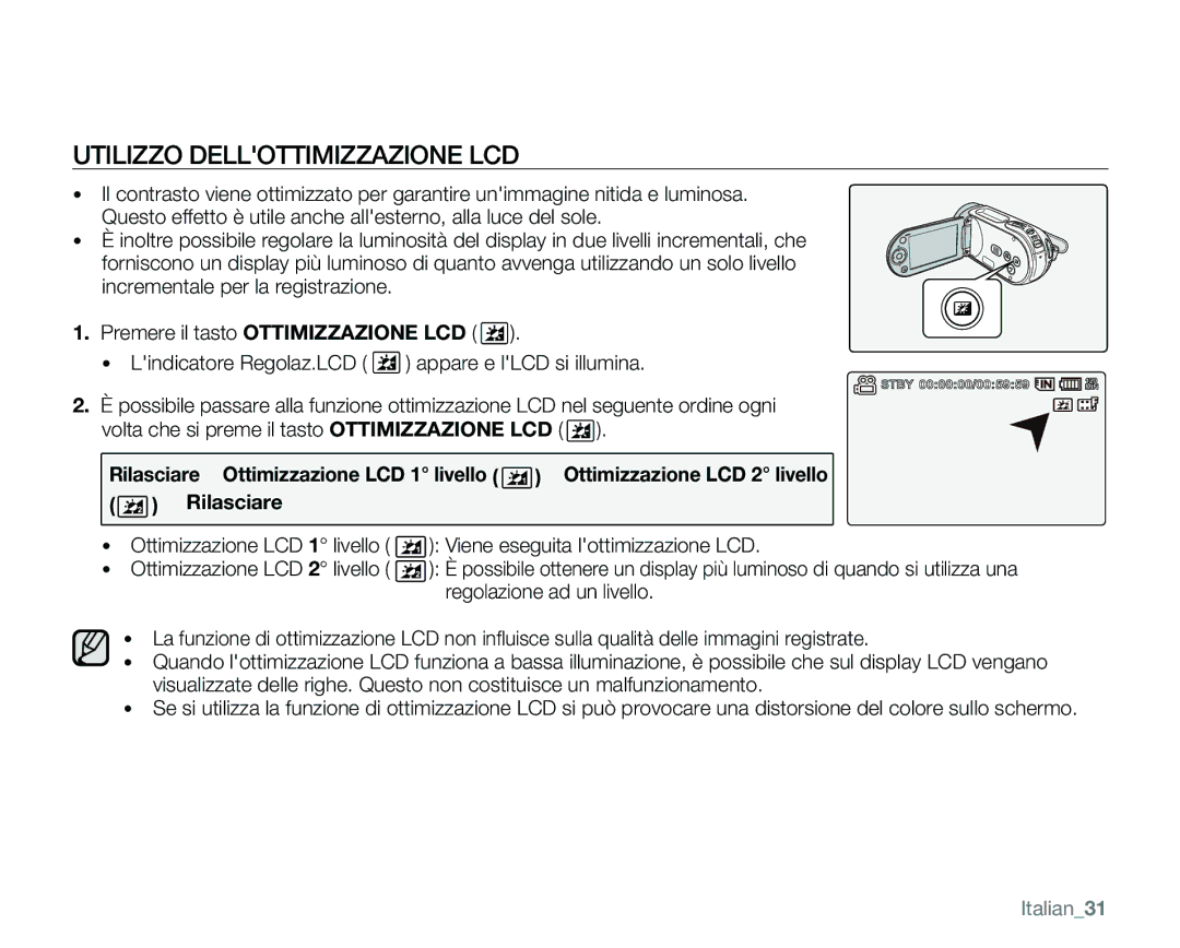 Samsung VP-MX25E/EDC manual Utilizzo Dellottimizzazione LCD, Š Rilasciare, Italian31 