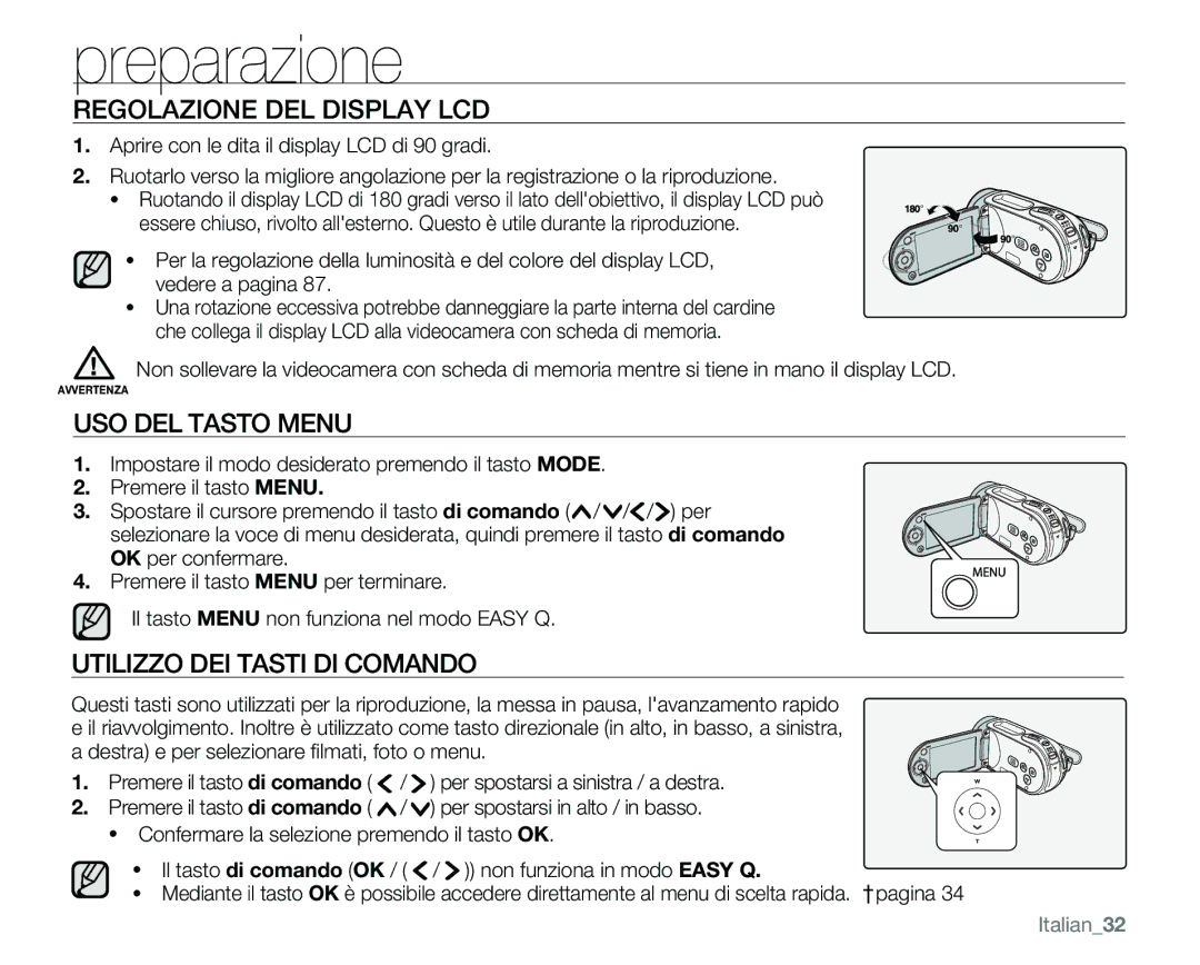 Samsung VP-MX25E/EDC manual Regolazione DEL Display LCD, USO DEL Tasto Menu, Utilizzo DEI Tasti DI Comando 