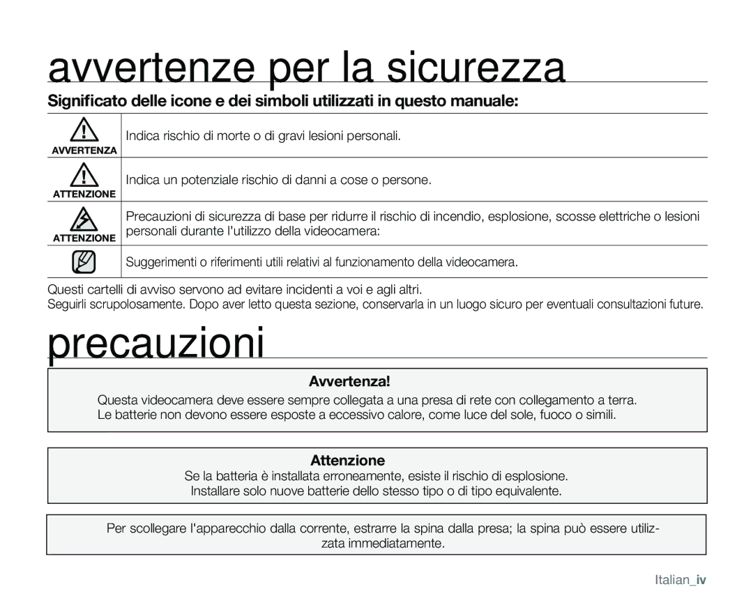 Samsung VP-MX25E/EDC manual Avvertenze per la sicurezza, Precauzioni, Indica rischio di morte o di gravi lesioni personali 