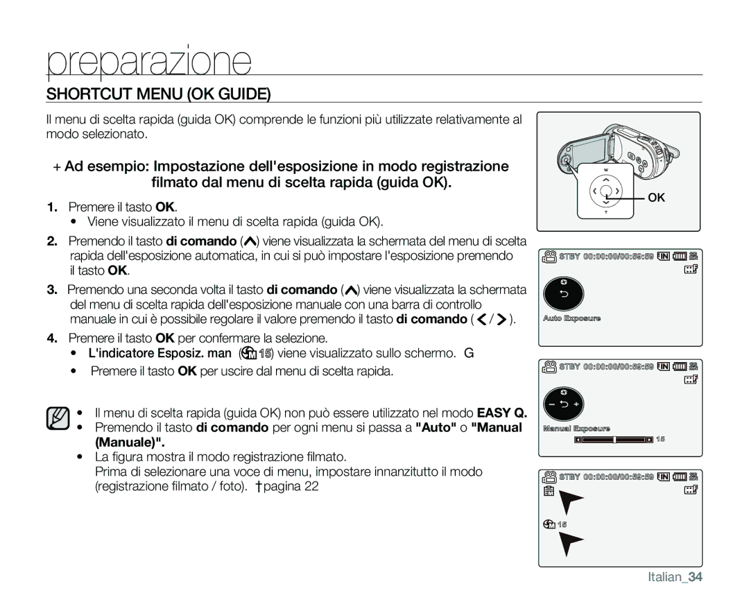 Samsung VP-MX25E/EDC manual Shortcut Menu OK Guide, Il tasto OK, Italian34 