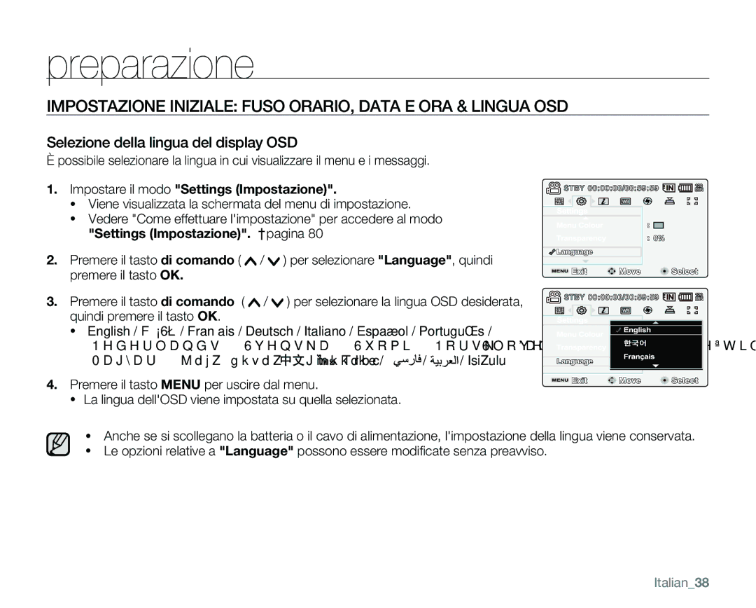 Samsung VP-MX25E/EDC manual Selezione della lingua del display OSD, Impostare il modo Settings Impostazione, Italian38 