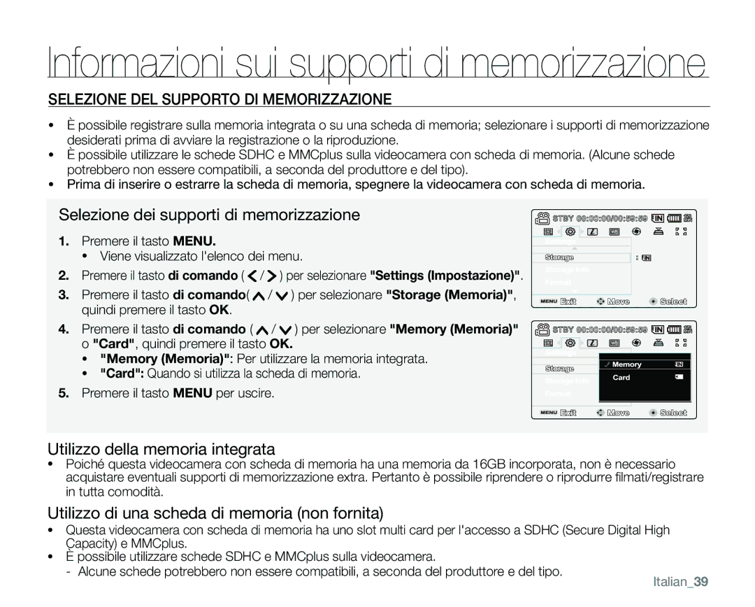 Samsung VP-MX25E/EDC manual Selezione DEL Supporto DI Memorizzazione, Selezione dei supporti di memorizzazione, Italian39 