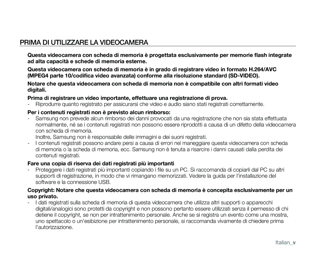 Samsung VP-MX25E/EDC manual Prima DI Utilizzare LA Videocamera, Per i contenuti registrati non è previsto alcun rimborso 