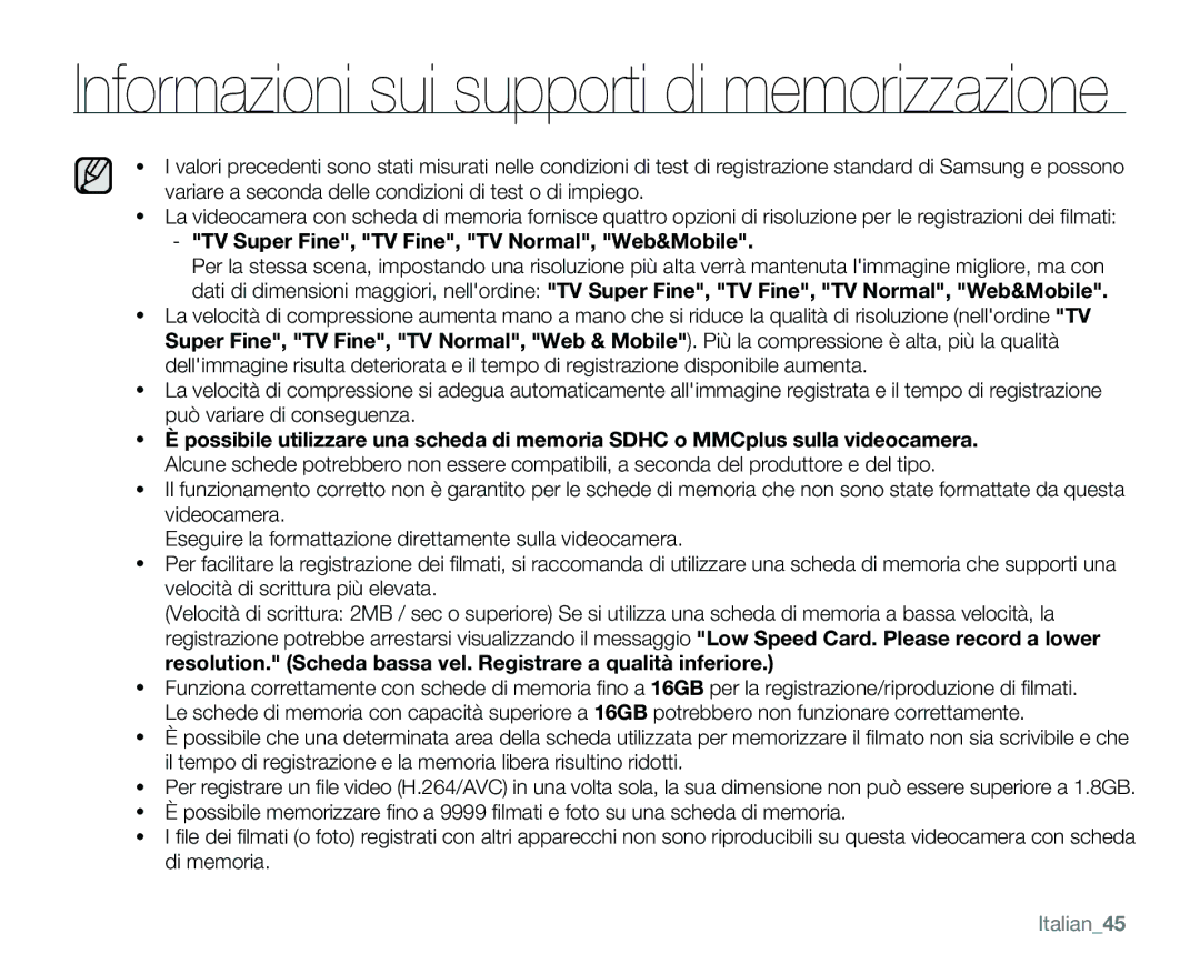 Samsung VP-MX25E/EDC manual TV Super Fine, TV Fine, TV Normal, Web&Mobile, Italian45 