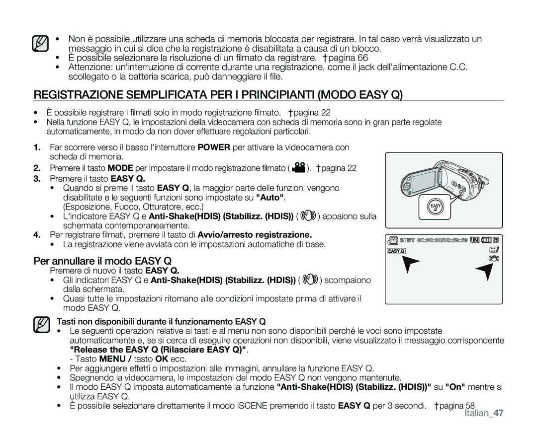 Samsung VP-MX25E/EDC Registrazione Semplificata PER I Principianti Modo Easy Q, Per annullare il modo Easy Q, Italian47 