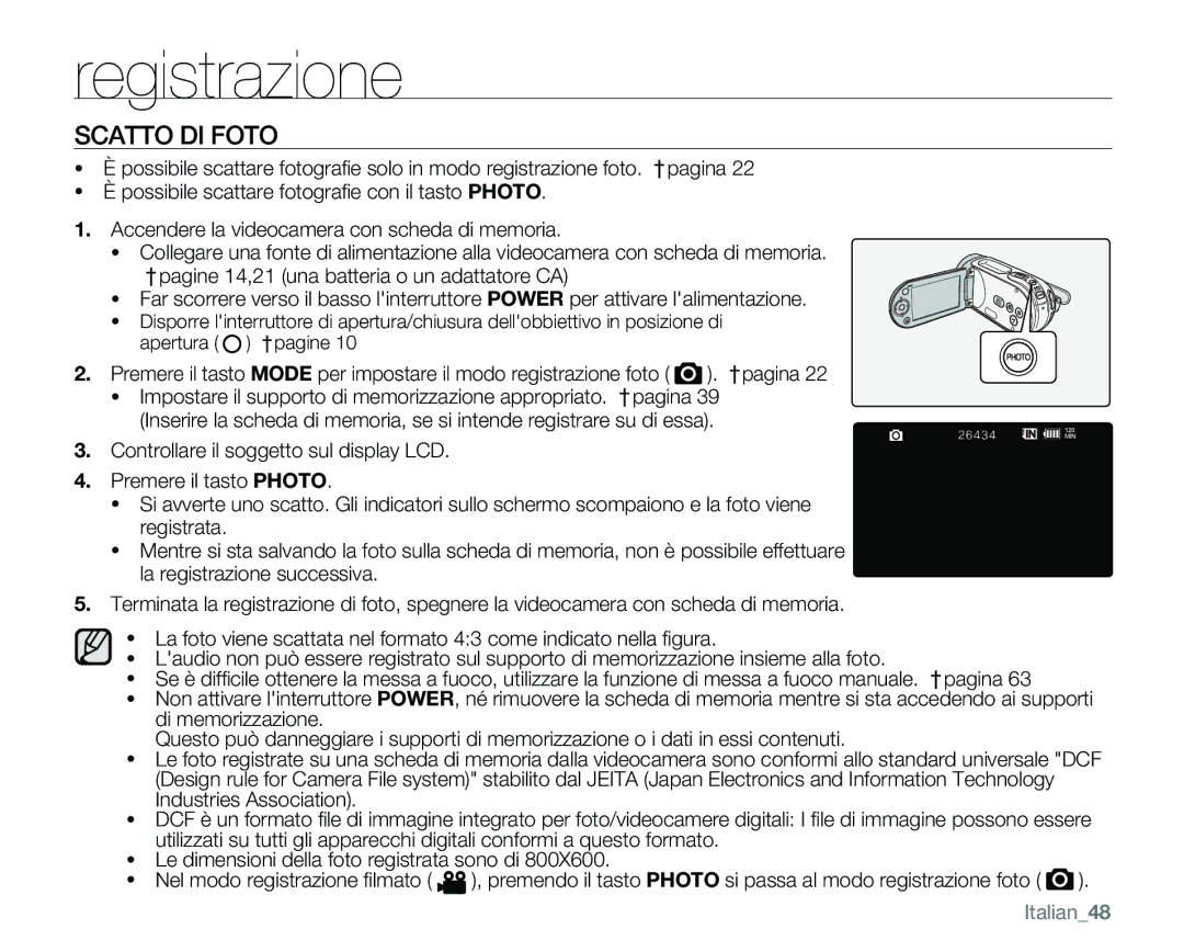 Samsung VP-MX25E/EDC manual Scatto DI Foto, Italian48 