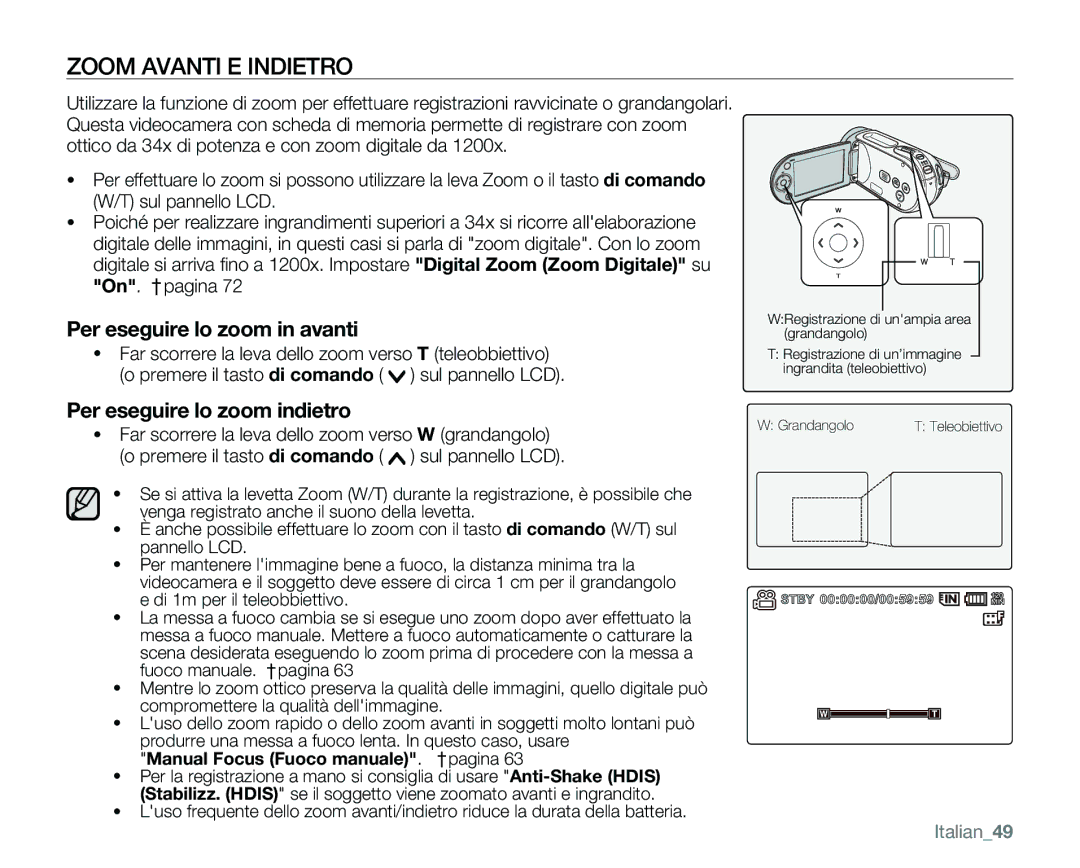 Samsung VP-MX25E/EDC manual Zoom Avanti E Indietro, Italian49 