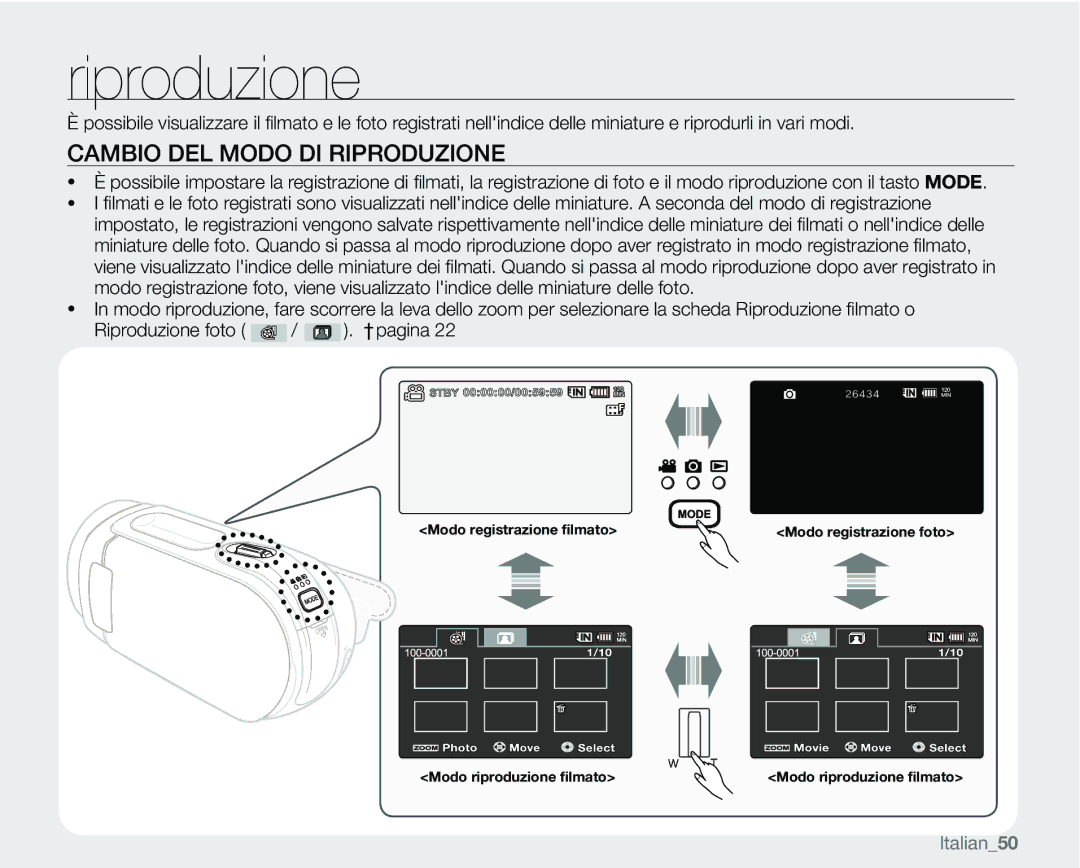 Samsung VP-MX25E/EDC manual Cambio DEL Modo DI Riproduzione, Italian50 ltalian50 