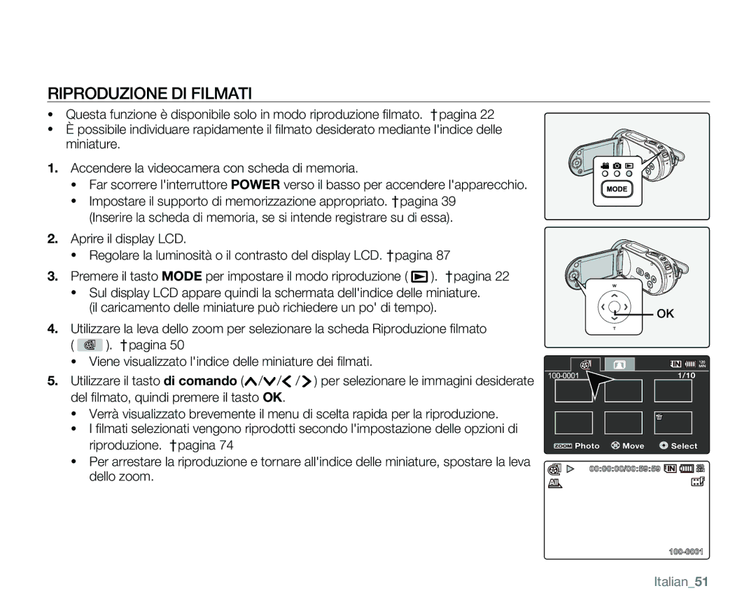 Samsung VP-MX25E/EDC manual Riproduzione DI Filmati, Italian51 