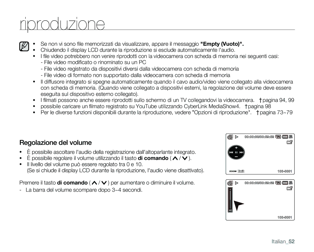 Samsung VP-MX25E/EDC manual Regolazione del volume, Italian52 