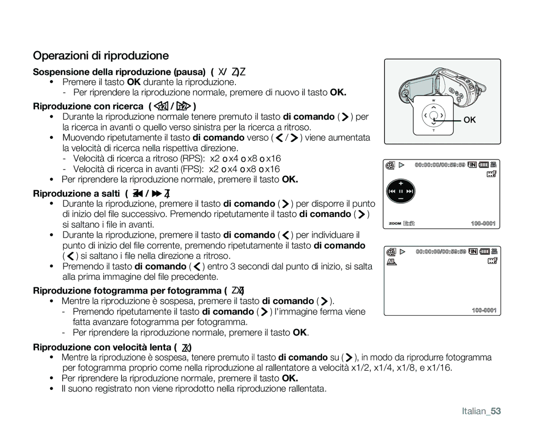 Samsung VP-MX25E/EDC manual Operazioni di riproduzione 