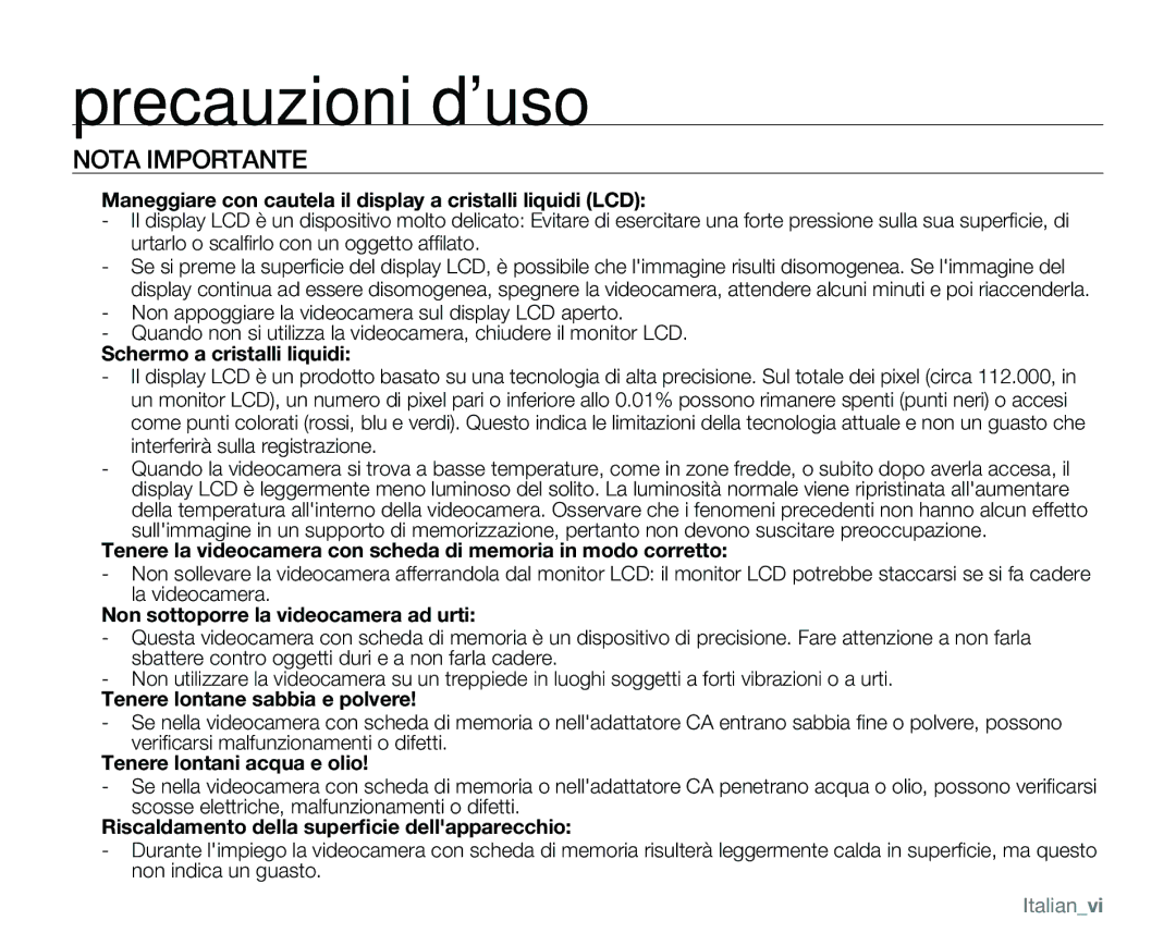 Samsung VP-MX25E/EDC manual Precauzioni duso, Nota Importante 