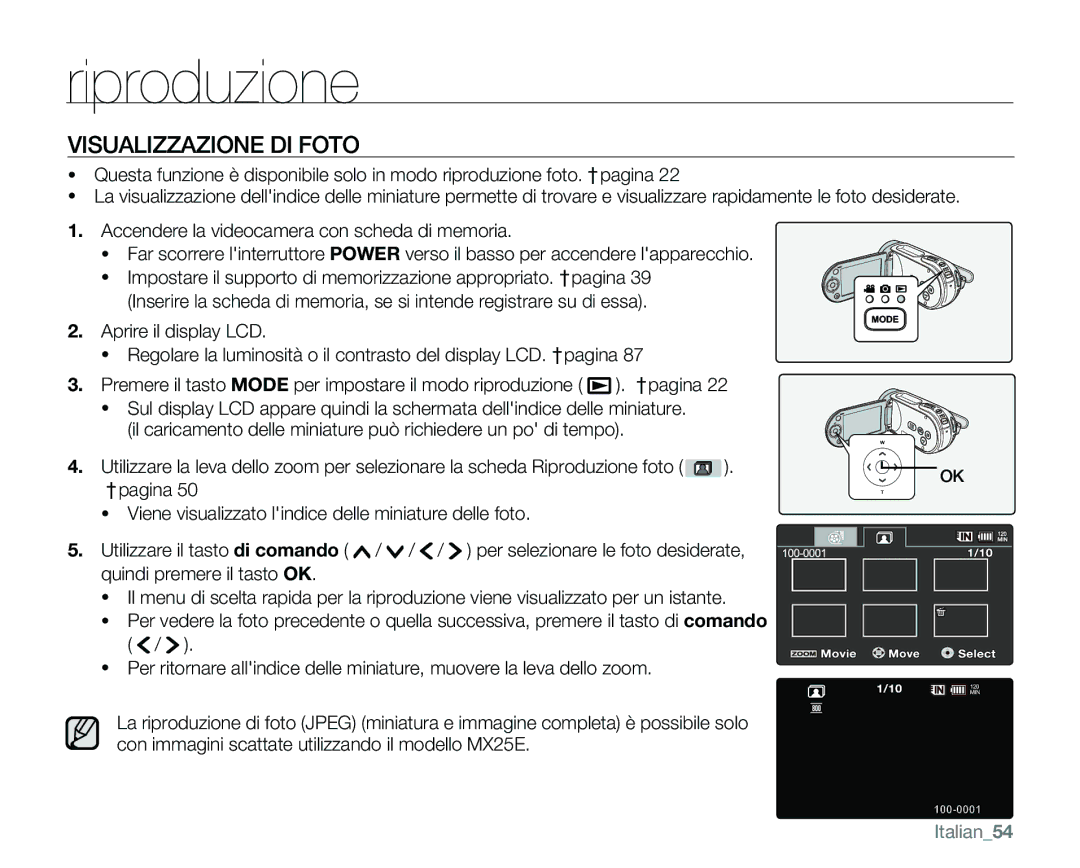 Samsung VP-MX25E/EDC manual Visualizzazione DI Foto, Italian54 