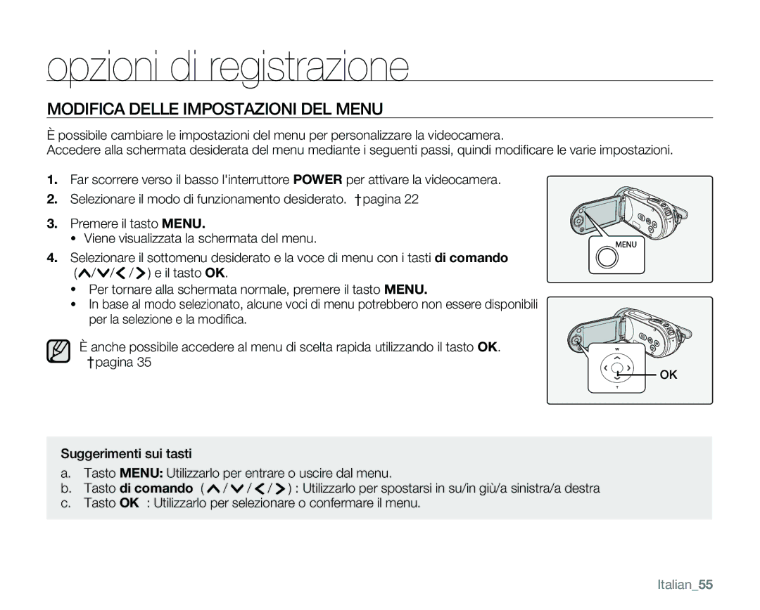 Samsung VP-MX25E/EDC manual Opzioni di registrazione, Modifica Delle Impostazioni DEL Menu, Italian55 