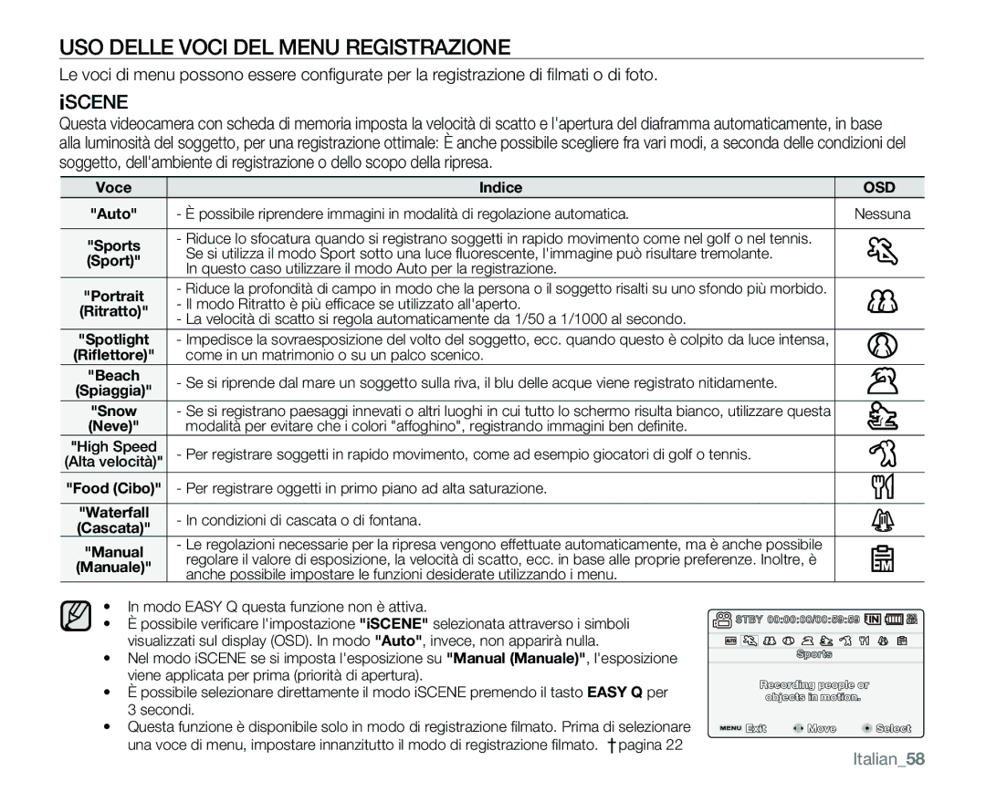 Samsung VP-MX25E/EDC manual USO Delle Voci DEL Menu Registrazione, Iscene, Italian58 