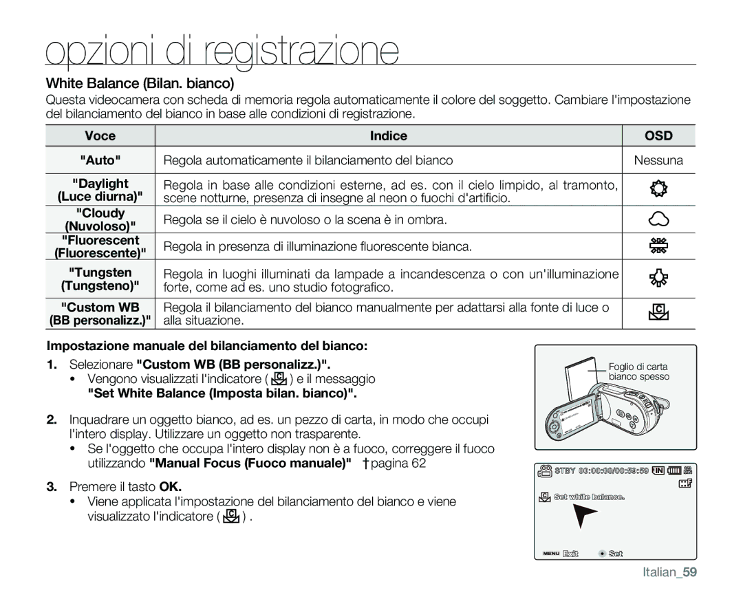 Samsung VP-MX25E/EDC manual White Balance Bilan. bianco 