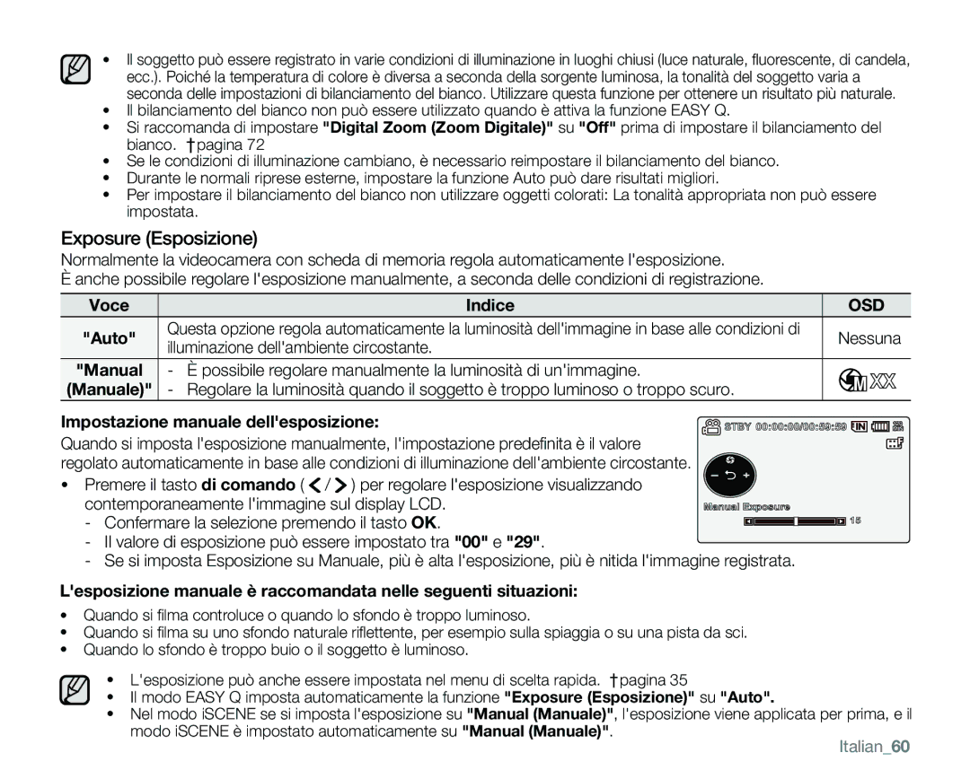 Samsung VP-MX25E/EDC Exposure Esposizione, Impostazione manuale dellesposizione, Italian60 