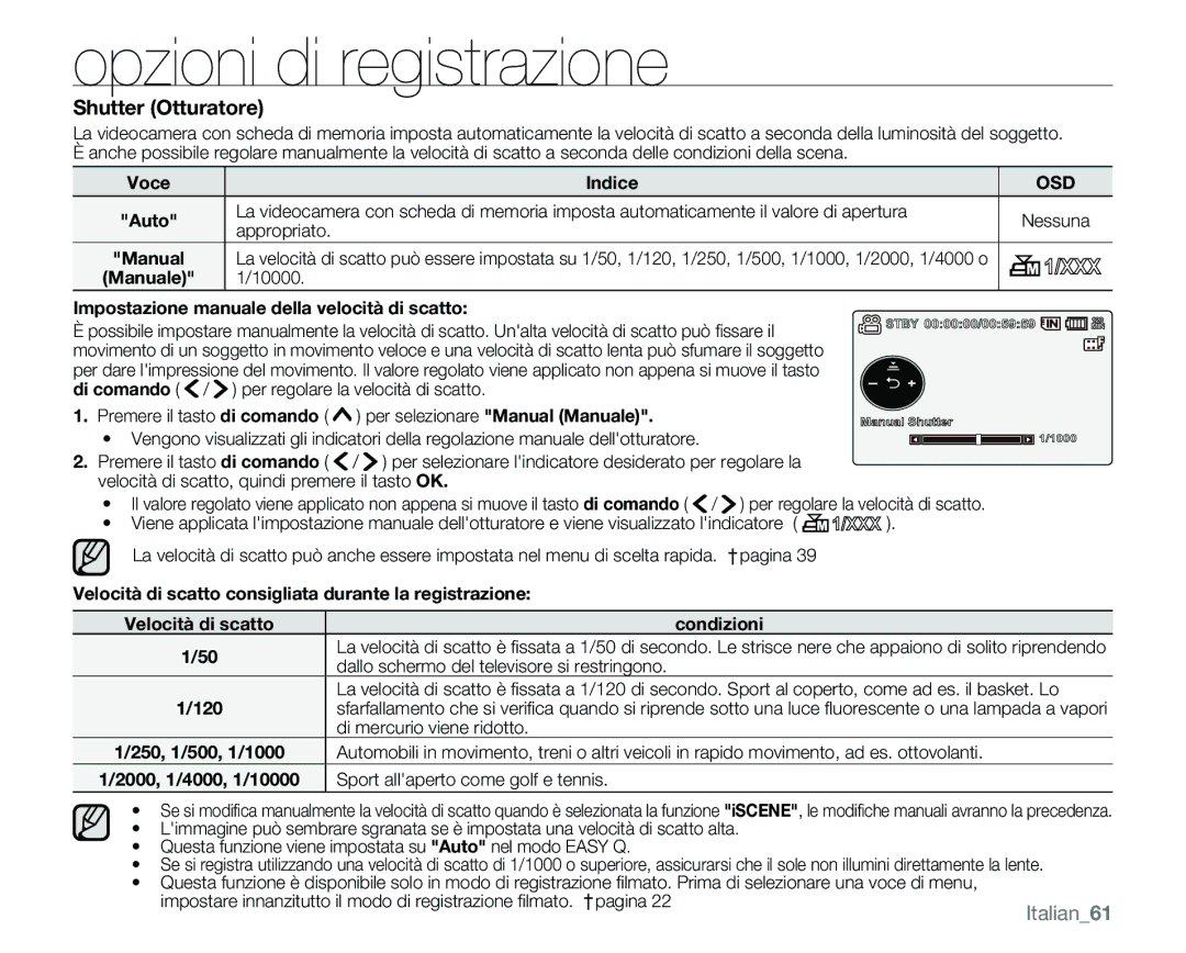 Samsung VP-MX25E/EDC Shutter Otturatore, Manuale 10000 Impostazione manuale della velocità di scatto 