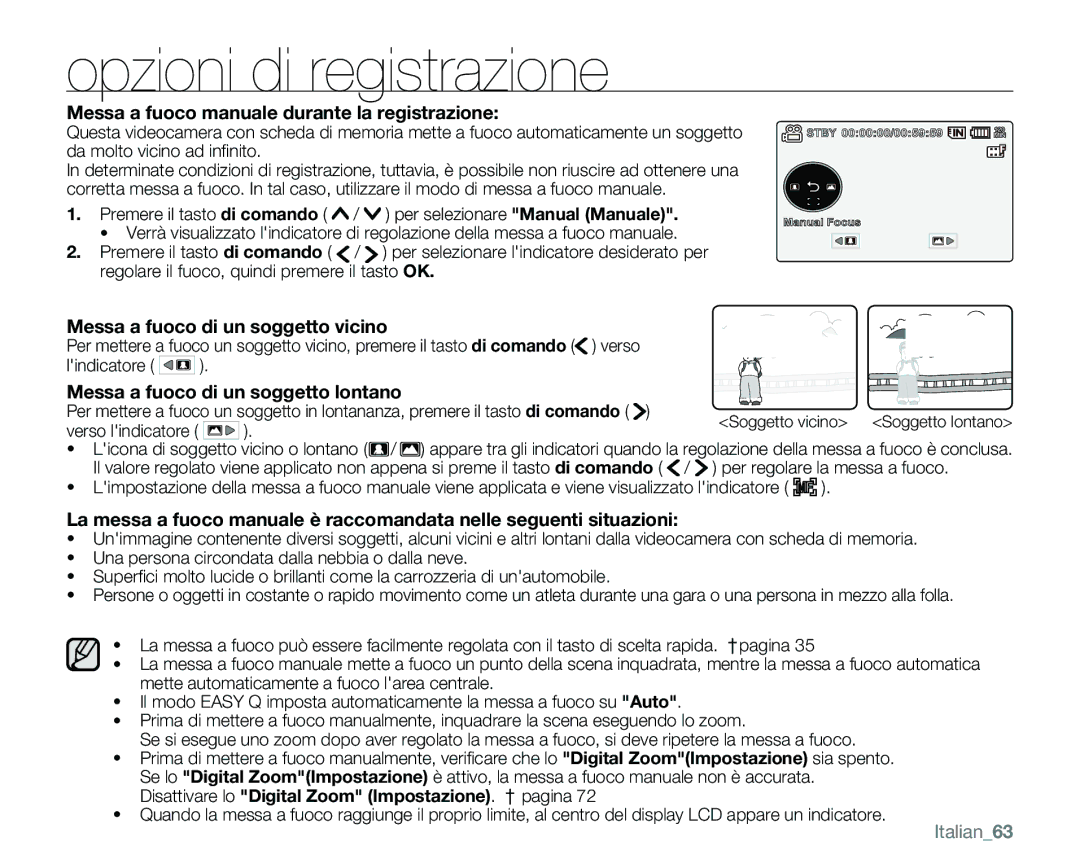 Samsung VP-MX25E/EDC Messa a fuoco manuale durante la registrazione, Messa a fuoco di un soggetto vicino, Italian63 