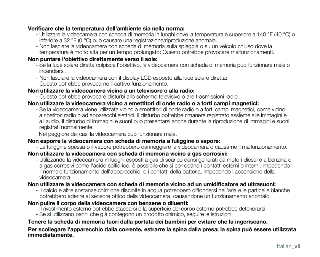 Samsung VP-MX25E/EDC manual Veriﬁcare che la temperatura dellambiente sia nella norma, Italianvii 