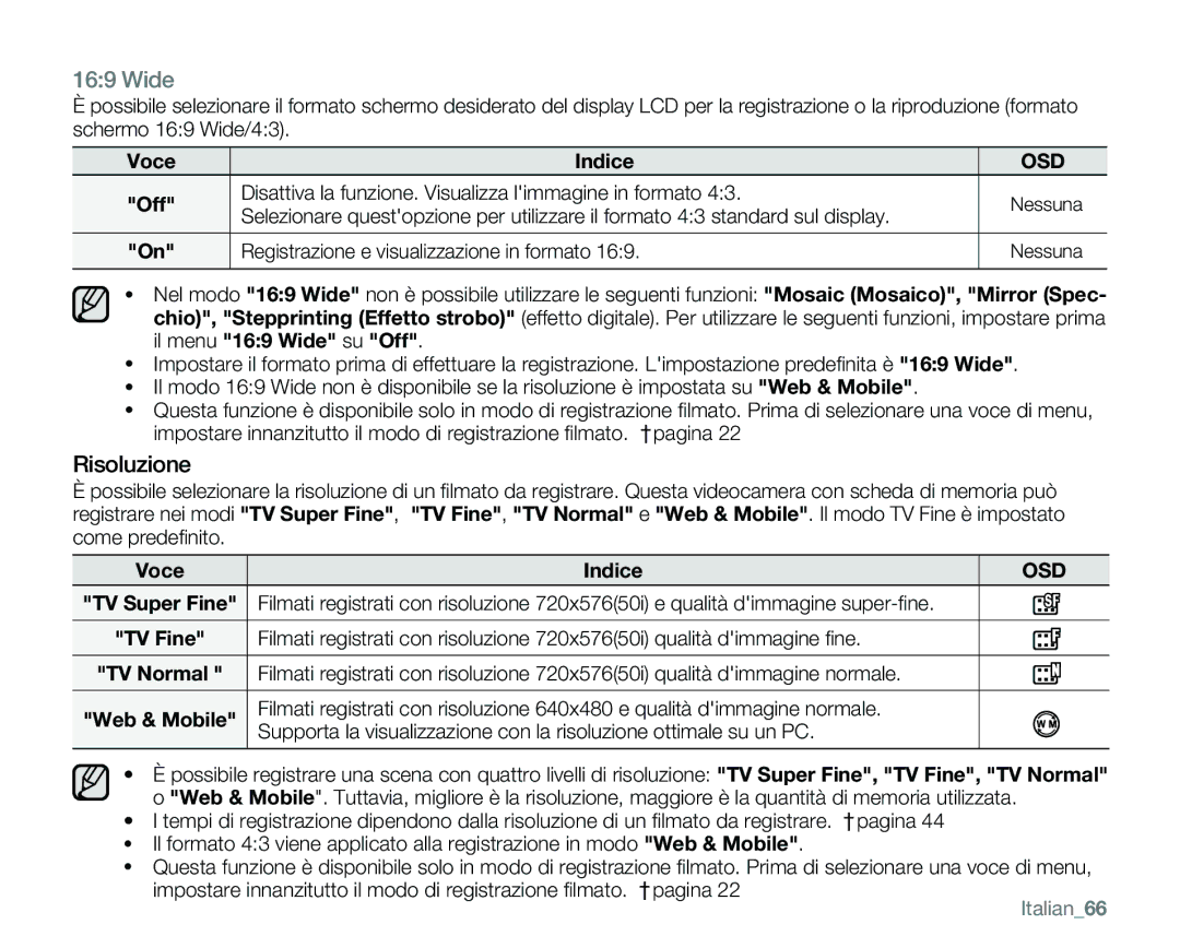 Samsung VP-MX25E/EDC manual Wide, Risoluzione, Off Disattiva la funzione. Visualizza limmagine in formato, Italian66 