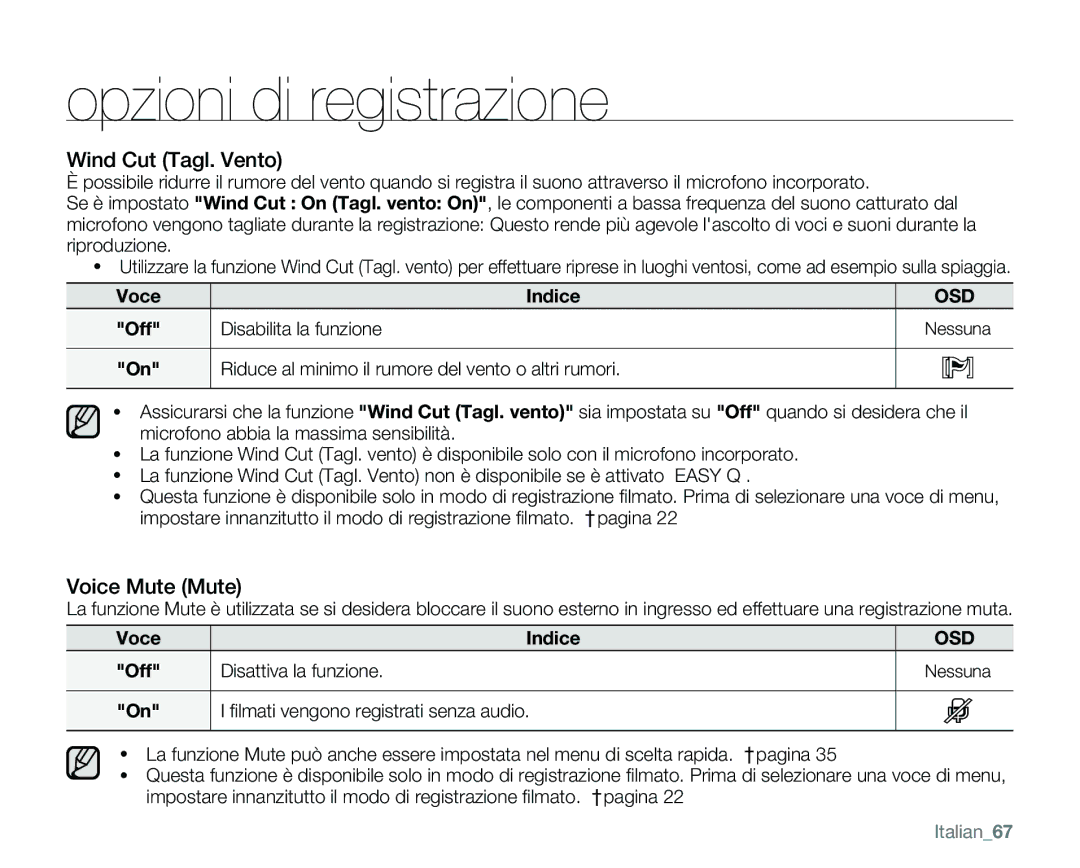 Samsung VP-MX25E/EDC manual Wind Cut Tagl. Vento, Voice Mute Mute, Voce Indice Off Disabilita la funzione, Italian67 