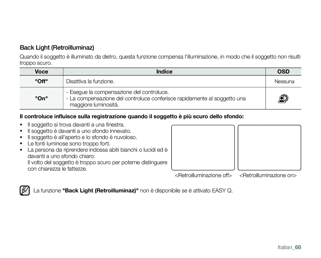 Samsung VP-MX25E/EDC manual Back Light Retroilluminaz, Italian68 