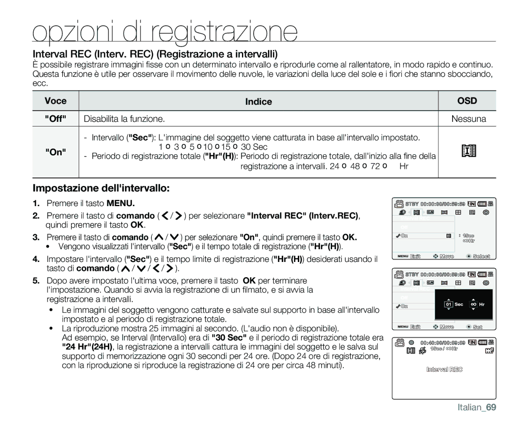 Samsung VP-MX25E/EDC manual Interval REC Interv. REC Registrazione a intervalli, Disabilita la funzione Nessuna, Italian69 