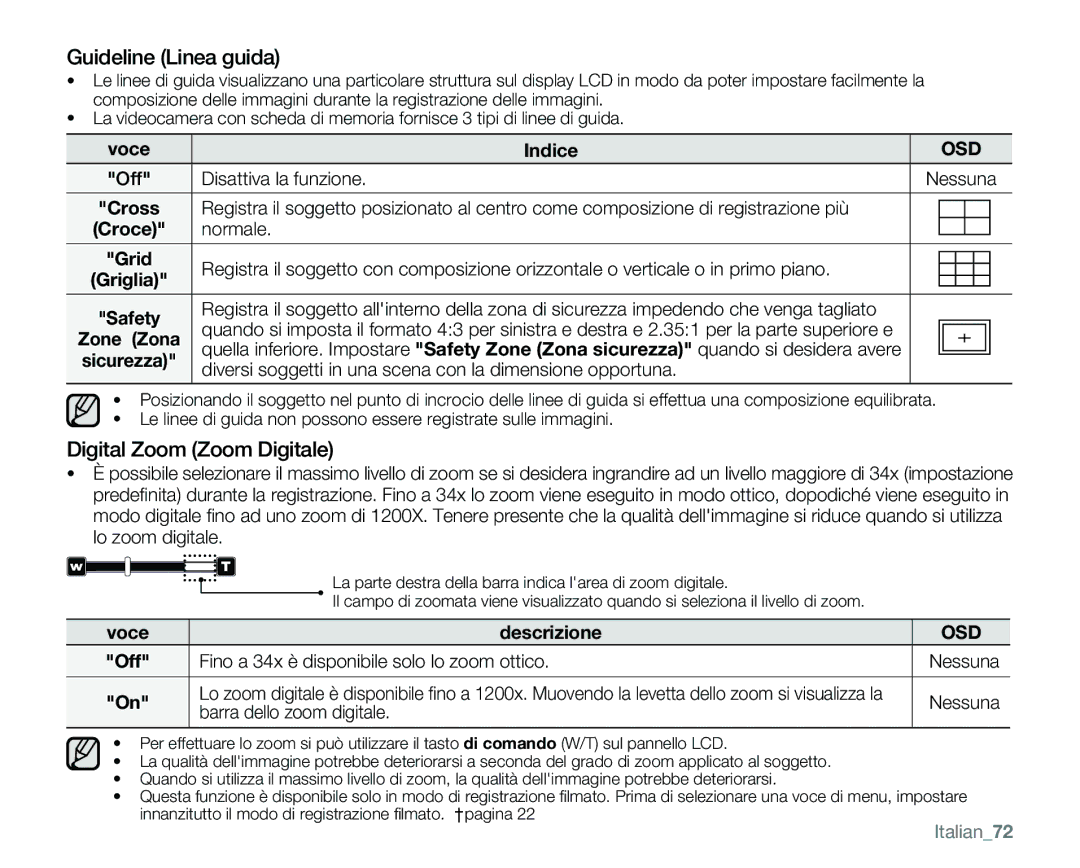 Samsung VP-MX25E/EDC manual Guideline Linea guida, Digital Zoom Zoom Digitale, Voce Descrizione, Barra dello zoom digitale 