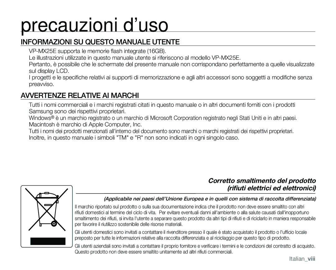 Samsung VP-MX25E/EDC manual Informazioni SU Questo Manuale Utente, Avvertenze Relative AI Marchi, Italianviii 