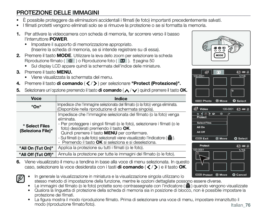 Samsung VP-MX25E/EDC manual Protezione Delle Immagini, Viene visualizzata la schermata del menu 