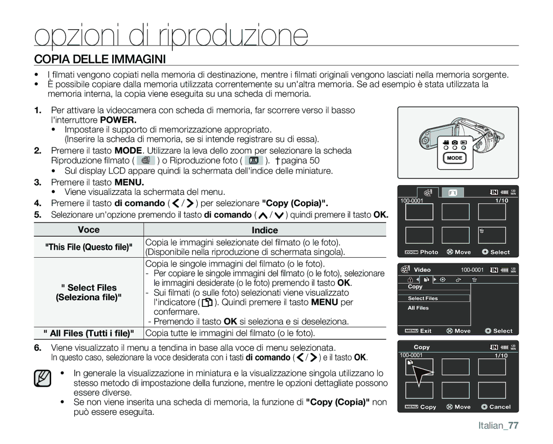 Samsung VP-MX25E/EDC manual Copia Delle Immagini, Italian77 