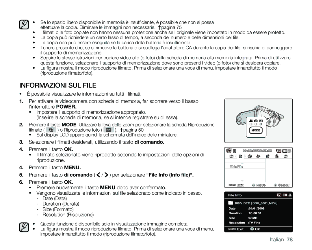 Samsung VP-MX25E/EDC manual Informazioni SUL File, Italian78 