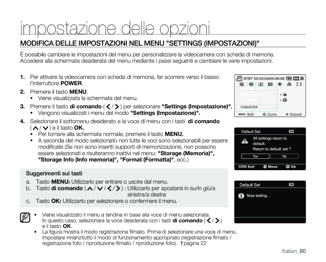 Samsung VP-MX25E/EDC Impostazione delle opzioni, Modifica Delle Impostazioni NEL Menu Settings Impostazioni, Italian80 