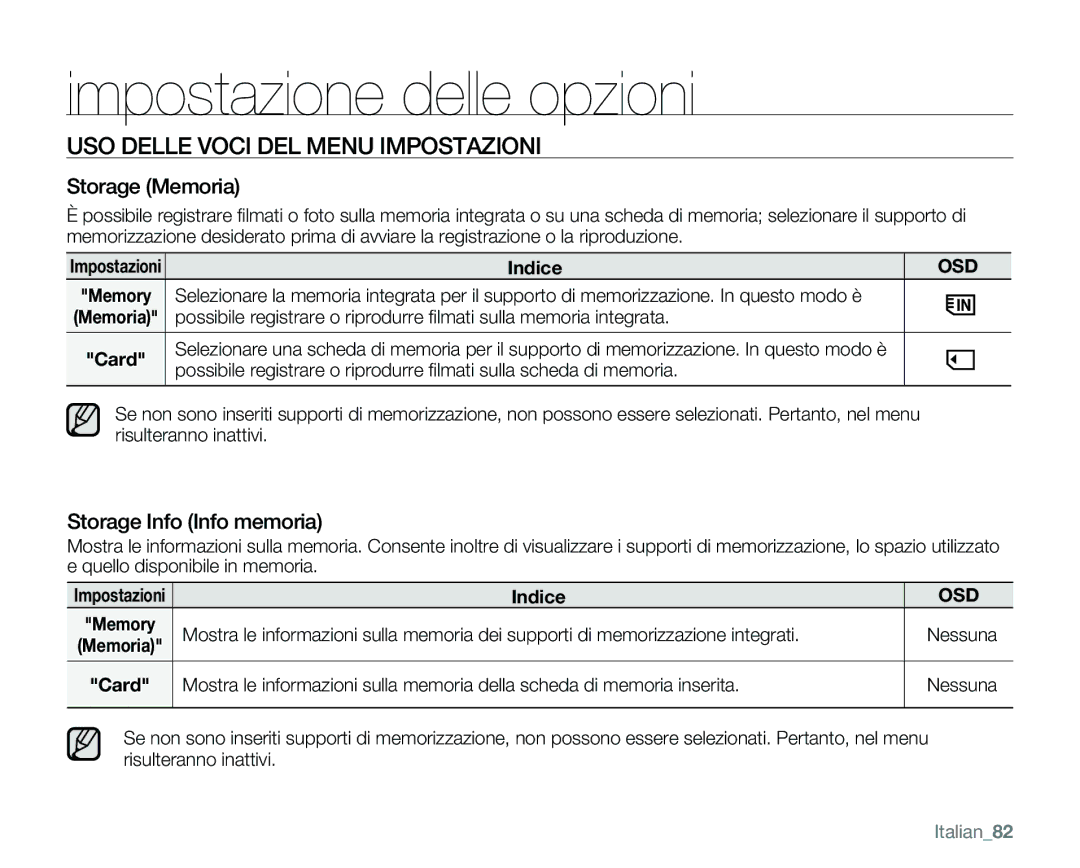 Samsung VP-MX25E/EDC manual USO Delle Voci DEL Menu Impostazioni, Storage Memoria, Storage Info Info memoria, Italian82 