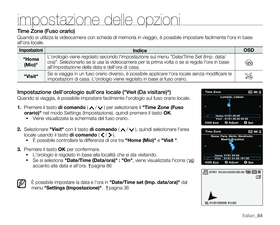 Samsung VP-MX25E/EDC Time Zone Fuso orario, Impostazione dellorologio sullora locale Visit Da visitare, Mio, Italian84 