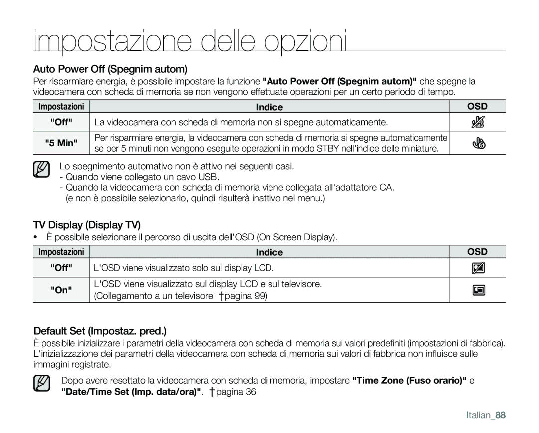 Samsung VP-MX25E/EDC manual Auto Power Off Spegnim autom, TV Display Display TV, Default Set Impostaz. pred, Italian88 