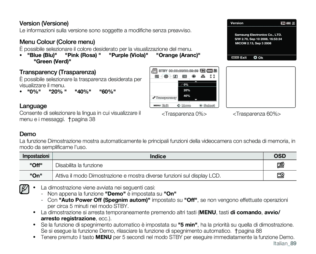 Samsung VP-MX25E/EDC Version Versione, Menu Colour Colore menu, Transparency Trasparenza, Demo,  20%  40%  60% Language 