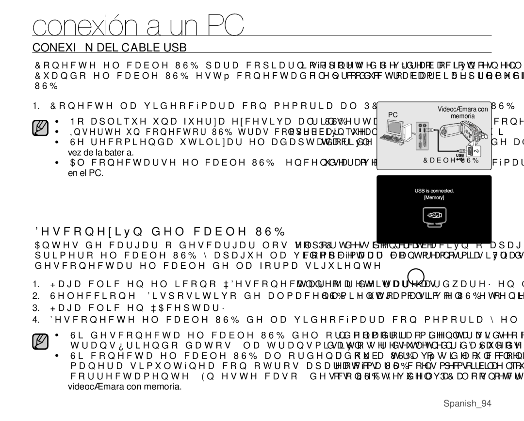 Samsung VP-MX25E/EDC manual Conexión DEL Cable USB, HVFRQHLyQGHOFDEOH86%, Vez de la batería, En el PC 